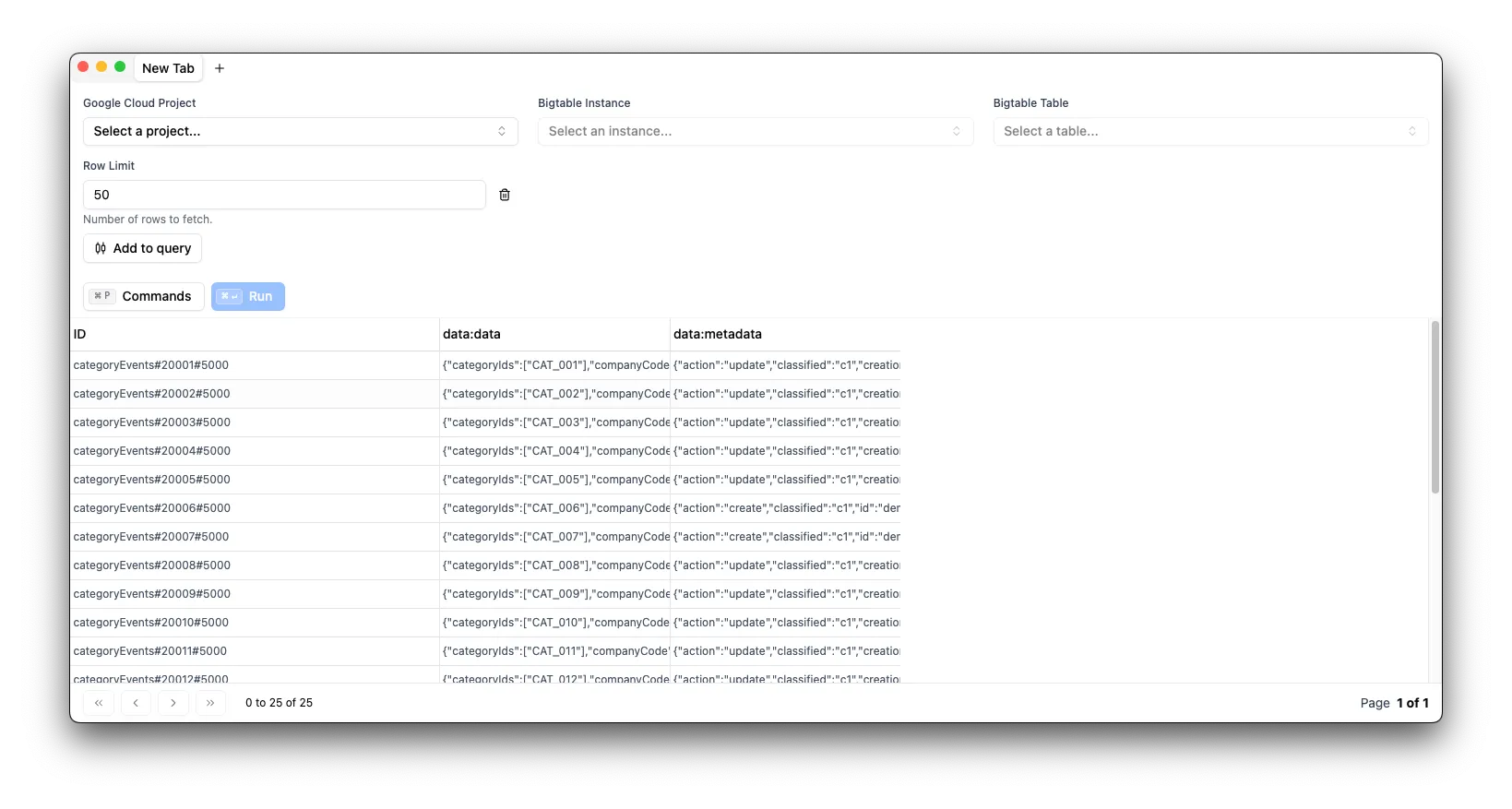 Binocular GUI client showing Google Cloud Bigtable data explorer with table view, filtering, and query features