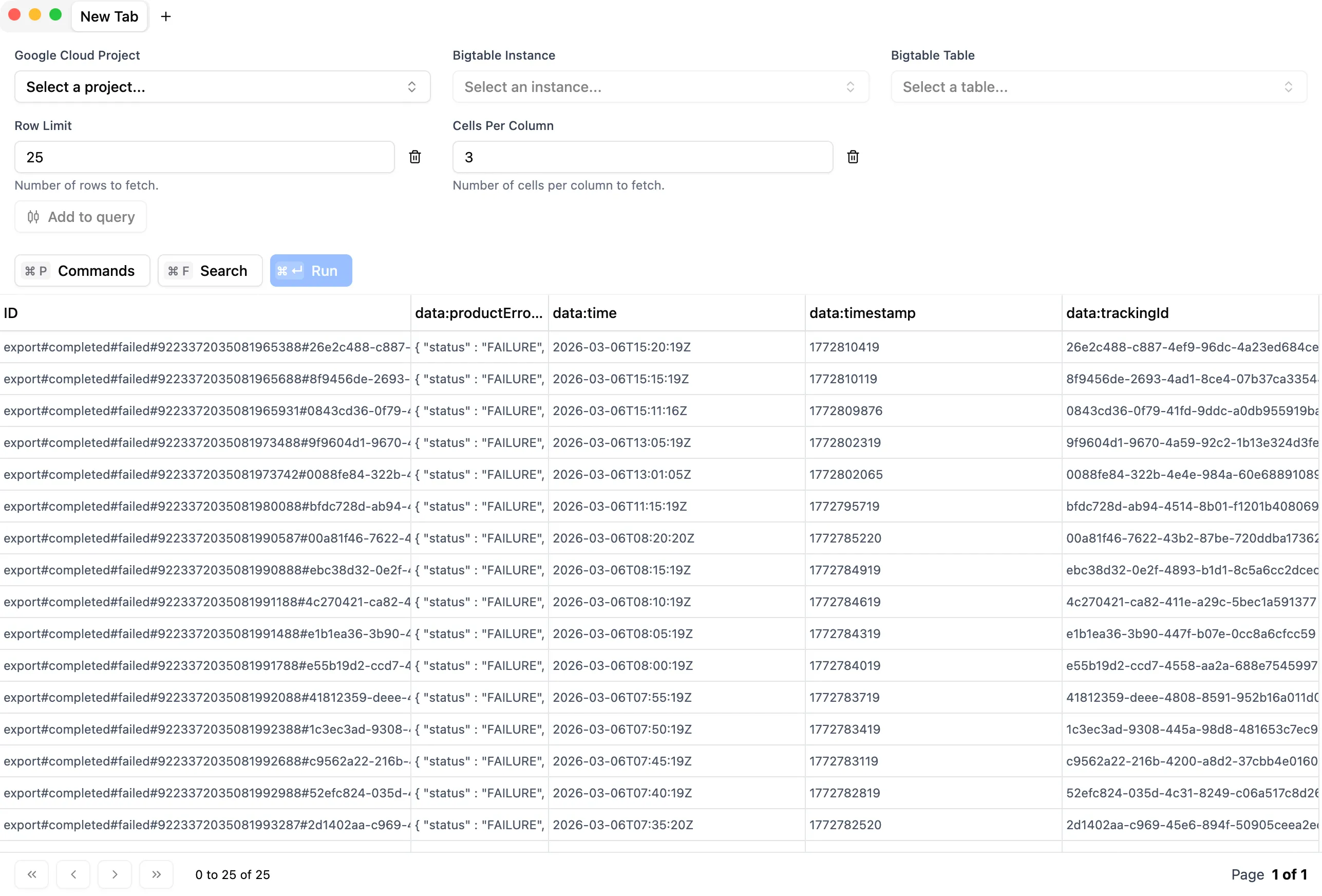 Binocular GUI client showing Google Cloud Bigtable data explorer with table view, filtering, and query features